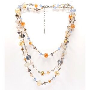 Triple Strand Glass Beaded Necklace Gold Tone Multicolor Vintage Inspired